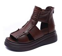 Micoklinlin Sandals for Women Brown Genuine Leather Boots Sandals Zipper Open Toe Flat Platform Sandals Ladies Dressy Summer comfortable Outdoor Beach Walking Shoes