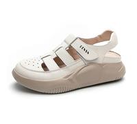 Micoklinlin Sandals Women's Summer Fashion Genuine Leather Loafer Flat Trainers Everyday Walking Shoes Leather Sandals for Girls, beige, 2/2.5 UK