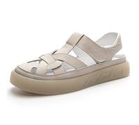 Micoklinlin Sandals Women's Summer Leather Velcro Sandals Platform Genuine Leather Sandals Casual Flat Sandals for Girls, beige, 7 UK