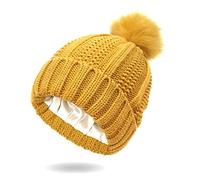 Micoop Winter Knitted Beanie Hat Soft Warm Satin Lined Ski Cuff Cap with Pom Pom for Girls and Women (Yellow)