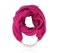 Micoop Women's Scarves Multi-purpose Simulated Pearl Pendant Scarf Necklace Stylish Infinity Scarf with Jewelry Accessory for Chic ladies (Rose red scarf with pearl)