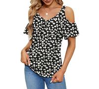 Micoson Cold Shoulder Tops for Women Casual Short Sleeve V Neck Tunic Shirts, 1 - Black_daisy Floral, Large