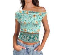 Micoson Womens Off The Shoulder Tops Boat Neck Twist Sleeveless Shirts Going Out Top Slim Fit Summer T-Shirt Y2K Clothing, Light Green_orange Floral, M