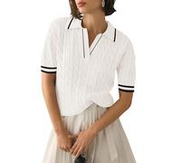Micoson Womens Short Sleeve Lightweight Sweater Tops Lapel V Neck Cable Knit Polo Shirts Summer Loose Casual Outfits 2025, White and Black Stripe, S