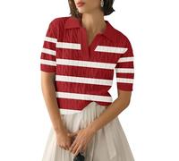 Micoson Womens Short Sleeve Lightweight Sweater Tops Lapel V Neck Cable Knit Polo Shirts Summer Loose Casual Outfits 2025, Stripe Red White, L