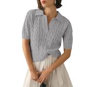 Micoson Womens Short Sleeve Sweater Tops Lapel V Neck Polo Shirts 2025 Summer Cable Knit Blouses Business Casual Outfits, Grey, L