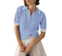 Micoson Womens Short Sleeve Sweater Tops Lapel V Neck Polo Shirts 2025 Summer Cable Knit Blouses Business Casual Outfits, Light Blue and White Stripe, L