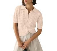 Micoson Womens Short Sleeve Sweater Tops Lapel V Neck Polo Shirts 2025 Summer Cable Knit Blouses Business Casual Outfits, Apricot, L