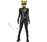 Micotaku Officially Licensed Miraculous Ladybug Cat Noir Unisex Costume PU Leather Jumpsuit with Accessories, Black, Large