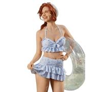 Micotaku Strawberry Shortcake Officially Licensed Printed Women's Two Piece Tie-Up Swimsuit with Skirt for Beach & Pool, Blue and White, M