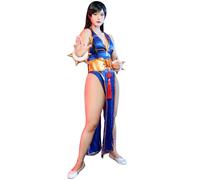 Micotaku Street Fighter Officially Licensed Classic Chun-Li Blue Cosplay Costume Golden Embroidery Side-slit Cheongsam