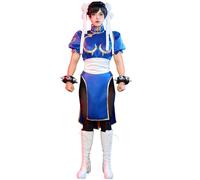 Micotaku Street Fighter Officially Licensed Deluxe Classic Chun Li Blue Cosplay Costume Golden Embroidery Leotard and Skirt