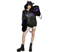 Micotaku Women's Gothic Steampunk Retro Rivet Sheep Paw Hoodie Color Clash Hoodie Daily Wear, Black and Purple, Medium