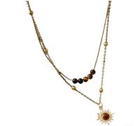 Micpointik Retro Sunflower Pendant Necklace Gold Plated Alloy for tiger Eye Gemstone Double Layer Geometric Chain Jewelry(Sunflower style)