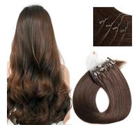 Micro Link Human Hair Extensions Blonde Kinky Straight Micro Loop Ring Fish Line Hair Micro Bead Remy Hair Extension, 50G 100 Strands,Medium Brown,18in