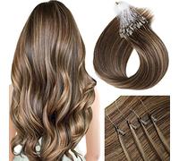 Micro Link Human Hair Extensions Blonde Kinky Straight Micro Loop Ring Fish Line Hair Micro Bead Remy Hair Extension, 50G 100 Strands,Chocolate Brown,14in