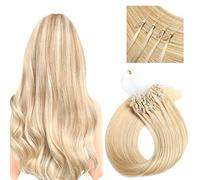Micro Link Human Hair Extensions Blonde Kinky Straight Micro Loop Ring Fish Line Hair Micro Bead Remy Hair Extension, 50G 100 Strands,Ash Blonde,14in