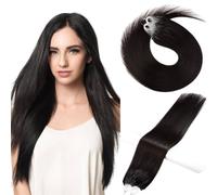 Micro Loop Hair Extensions Real Human Hair 1g/Strand 50s/Pack Straight Hair Pre-Blonded Micro Beads Hair Extensions Micro Rings(14 inch, 1B Natural Black)