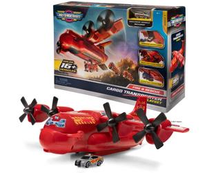 Micro Machines MMW0080 Fire and Rescue Transporter Plane-Features Hatch, Retractable Hook, Cargo Doors, and Exclusive Vehicle-Collect Them All, Red