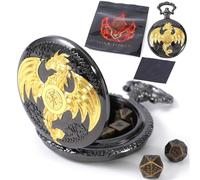 Micro Metal DND Dice Set: Tiny, Mini Dice in a Dragon-Engraved Pocket Watch Case - Portable Dungeons and Dragons (D&D) Accessory for TTRPGs (Dragon Black Gold)