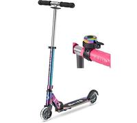 Micro Scooters | Micro Sprite Chrome LED Children's Scooter with Bell | Handlebar Adjustable | Light Up Wheels | Foldable | Kickstand | 5 to Teen | Boys & Girls | Neochrome