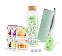 Microdrink waterdrop® Glass Starter Set - 600ml Borosilicate Glass Bottle + 18 Sugar-Free Hydration Cubes in 6 Flavours, Vitamin C & B Infused, BPA Free Water Bottle, Gift Set