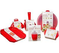 MicroEat 6-Piece Microwave Cooking Set - Includes Omelette Maker, Egg Poacher, Egg Cooker, Saucepan with Lid, Bacon Crisper and Multi Steamer BPA Free, Dishwasher Safe, Microwave Safe Made in UK Red