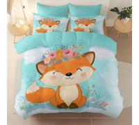 Microfiber Bedding 3 Piece Double Duvet Set 200 x 200 cm, Soft And Easy Care Cartoon Cute Animals Foxes Printed duvet cover Suitable for adults and children Blue With zipper and pillowcase