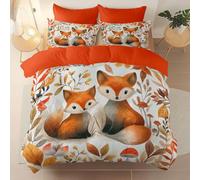 Microfiber Bedding 3 Piece Double Duvet Set 200 x 200 cm, Soft And Easy Care Watercolor Forest Animals Foxes Printed duvet cover Suitable for adults and children Orange Color With zipper