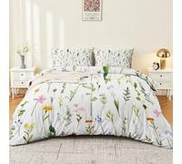Microfiber Bedding 3 Piece Double Duvet Set 200 x 200 cm, Soft And Easy Care Watercolor Rural Pastoral Flowers Leaves Printed Duvet Cover Suitable for adults and children Cream With Zipper