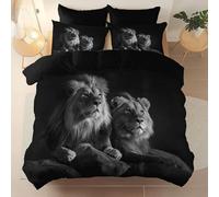 Microfiber Bedding 3 Piece Queen Duvet Set 230 x 220 cm, Soft And Easy Care Realistic Animal Photography Lions Printed duvet cover Suitable for adults and children Black With zipper and pillowcase