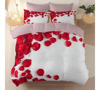 Microfiber Bedding 3 Piece Queen Duvet Set 230 x 220 cm, Soft And Easy Care Realistic Photography Flowers Roses Printed duvet cover Suitable for adults and children Pink With zipper and pillowcase