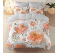 Microfiber Bedding 3 Piece Queen Duvet Set 230 x 220 cm, Soft And Easy Care Simple Elegant Flowers Roses Printed duvet cover Suitable for adults and children Cream With zipper and pillowcase