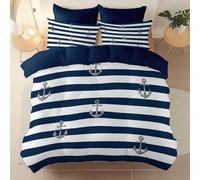 Microfiber Bedding 3 Piece Single Duvet Set 135 x 200 cm, Soft And Easy Care Nautical Minimalist Stripes Printed duvet cover Suitable for adults and children Navy Blue With zipper and pillowcase