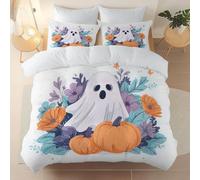 Microfiber Bedding 3 Piece Super King Duvet Set 260 x 220 cm, Soft And Easy Care Halloween Cute Pumpkins Ghosts Printed duvet cover Suitable for adults and children Cream With zipper and pillowcase
