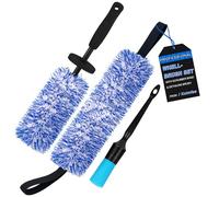 Microfiber Car Wheel Cleaning Brush Kit with Scrubber Band & Detailing Brush - Long Flat Alloy Wheel Cleaner Brush Tyre Rim Brush Tool for Auto Truck Motorcycle Wheel Barrel Spoked Scratch Free Wash