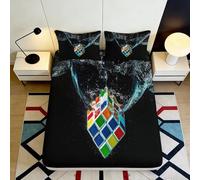 Microfiber Deep Pocket Non-Slip Fitted Sheet with 3D Printed Rubik's Cube Theme for Bedroom Bedding Set Mattress Cover for Adults Teens 200x200x25cm