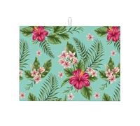 Microfiber Dish Drying Mat for Kitchen Counter 61x46 Cm, Hawaiian Tropical Leaves Flowers Draining Mat, Quick Dry Coffee Machine Mat, Absorbent Foldable Sink Mat, Large Dish Drying Pad, Washable