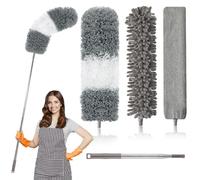 Microfiber Duster, 4PCS with Extension Pole(Stainless Steel) 30 to 100 Inches, Reusable Bendable Dusters, Washable Lightweight Dusters for Cleaning Ceiling Fan, High Ceiling, Blinds, Furniture, Cars