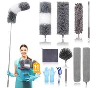 Microfiber Duster with Extension Pole 30 to 100 Inches, 11 PCS Reusable Bendable Ceiling Fan Duster, Washable Feather Duster for Cleaning High Ceilings, TV, Blinds, Furniture, Cars