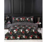 Rapport Home Duvet Set Skulls & Roses – Reversible Black Skull Floral Print with Pillowcase, Single