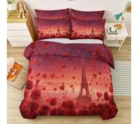 Microfiber Duvet Cover Red, Single Size Reversible Soft Bedding Set with Couple Red Roses Heart Shape Eiffel Tower Pattern, Fantasy Theme Breathable Lightweight Duvet Cover Set with 2 Pillowcases