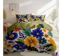 Microfiber Duvet Cover Set, Retro Bohemian Flowers Printed Soft Breathable Green Duvet Cover with Zipper Closure and Corner - for Teens and Adults Double Bedding Set