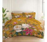 Microfiber Duvet Cover with Retro Luxury Florals Printing, Yellow Reversible Duvet Cover with Zipper Closure for Kids Teenager - Double Size Bedding Set Soft Machine Washable