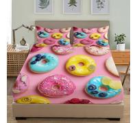 Microfiber Fitted Sheets Deep Pocket 12 inch Cartoon Donut Theme Bedding Sets Soft Breathable and Comfortable Multicolor Fitted bed Sheet for Boys Girls Bedroom Decoration Double 54x75 inch