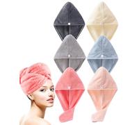 Microfiber Hair Towel Wrap for Women 6 Pack - Ultra Absorbent Fast Drying Turban with Button Closure, Anti-Frizz Design for Curly/Straight Hair, Lightweight & Machine Washable 25x65cm (6 Colors)