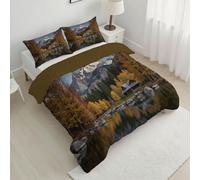 Microfiber King Quilted Quilt, Soft Lightweight Lakeside Cabin Printed Pattern Reversible Photography Natural Scenery Coverless Duvet with Pillowcase, Easy Care Yellow Quilt for All Season 240x220 cm