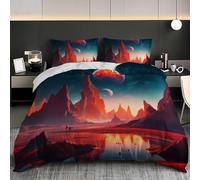 Microfiber King Size Quilt Cover Set 91x87 inch, Fantasy Planetary Landscapes Duvet Cover Ultrasoft Hypoallergenic Red Duvet Covers Non Iron Luxury Bedding Set with Zipper and 4 Corner Ties