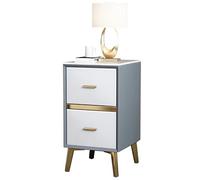 Microfiber Leather Side Table with 2 Drawers | Compact Nightstand with Sintered Stone Top for Small Spaces | Gray Blue & Pure White 45 x 35 cm
