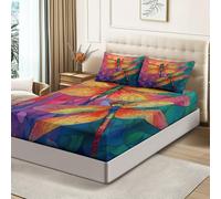 Microfiber Print Fitted Sheet Super King Size - Abstract Animal Dragonfly Glass Theme Soft Breathable Bedding Set for Kids Teens Adult Room Decor, Colorful Deep Pocket Fitted Bed Sheets 180 x 200 cm